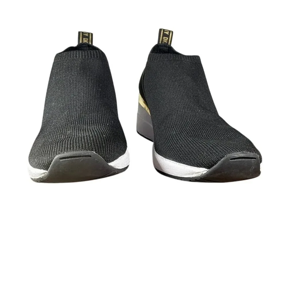 DKNY Women's Black Gold Knit Slip-On Wedge Platform Sneakers Size 7.5 - Picture 1 of 10